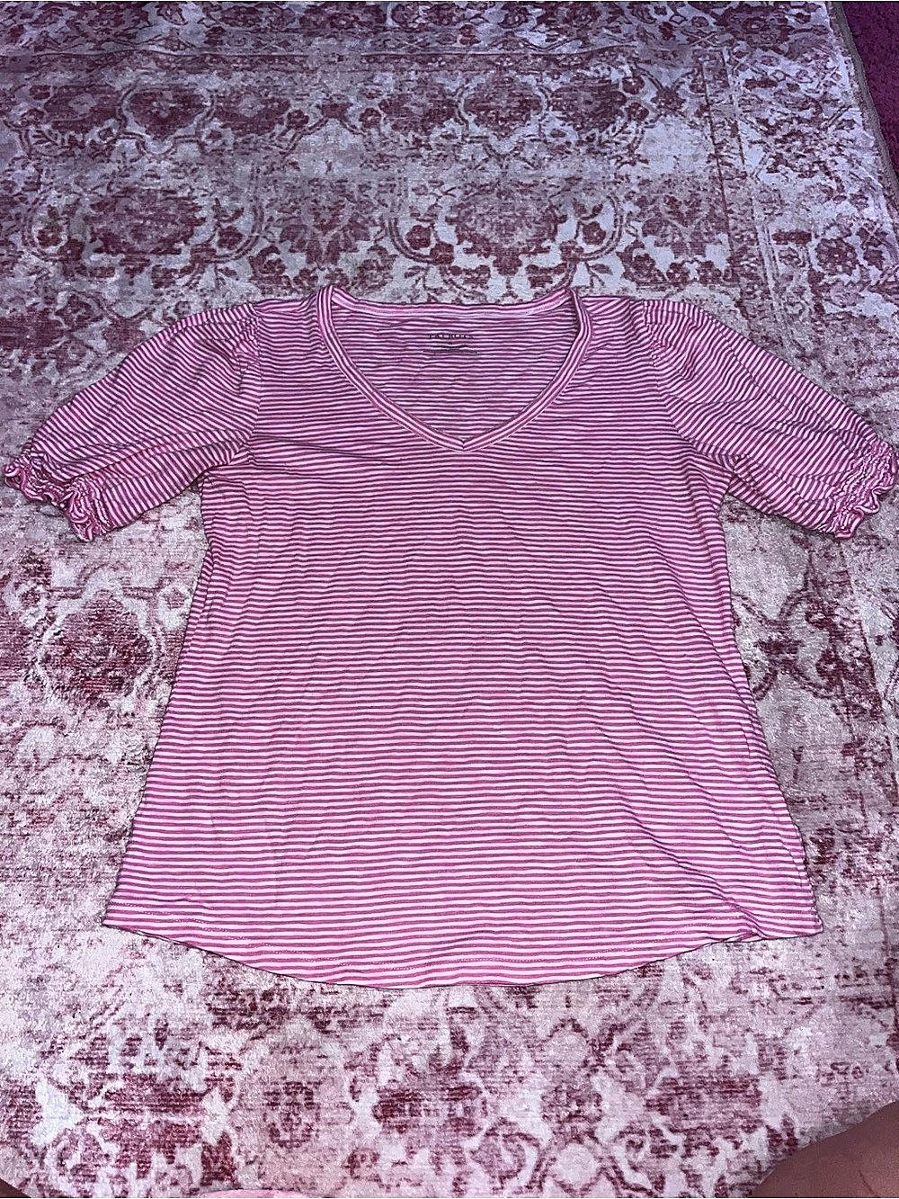 Talbots Striped V-Neck Tee in Pink & White Size Medium
